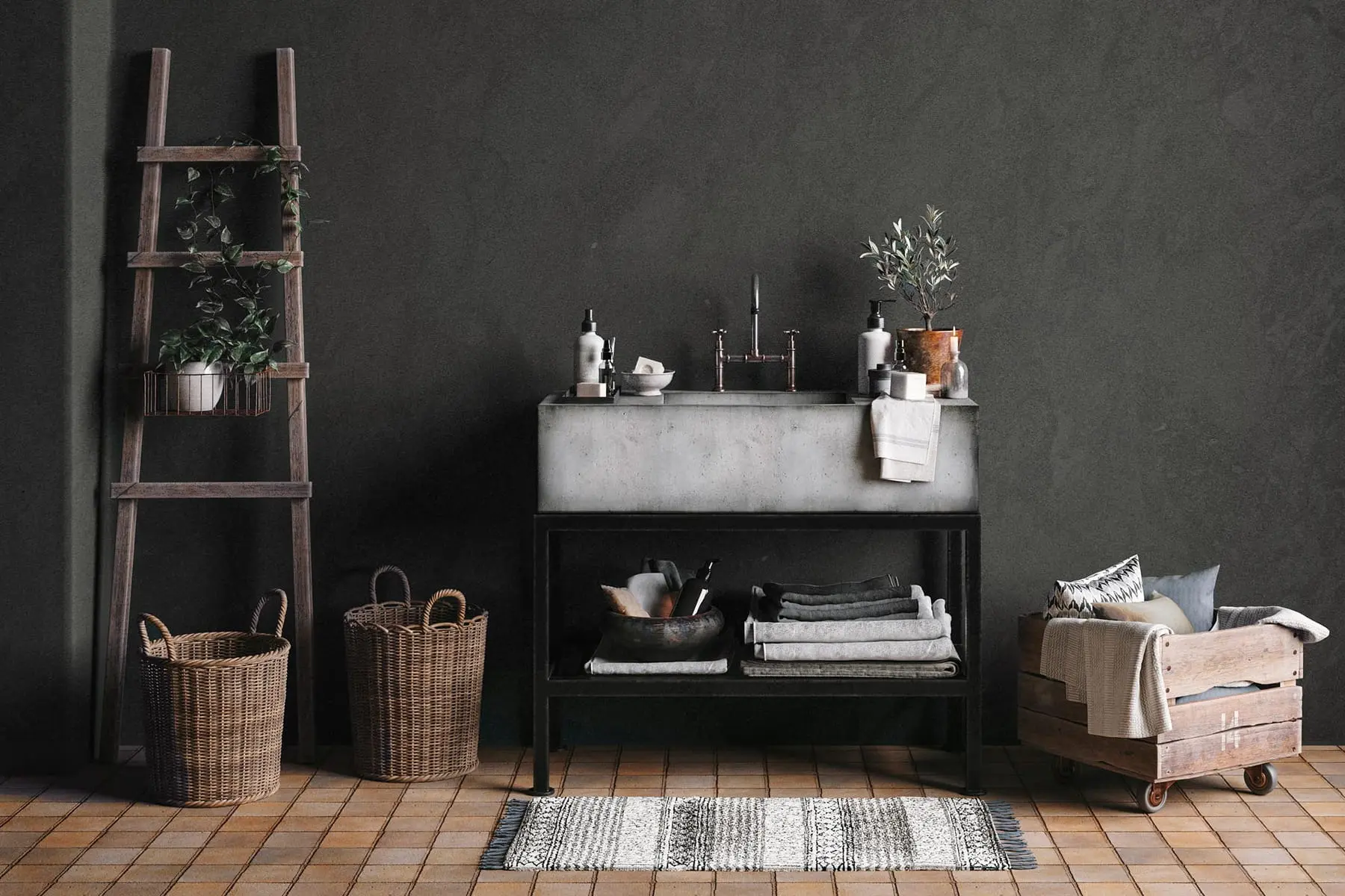 Bathroom wall with ready-to-use microcement in dark color